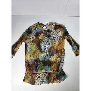 Vintage 100% SILK Womens Floral Blouse Top Shirt Puff Sleeve L Large See-through